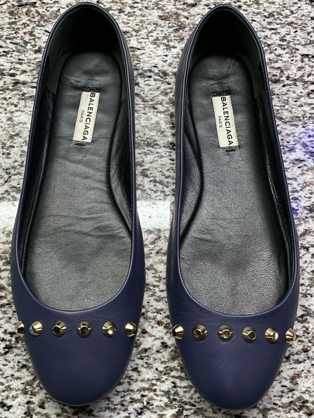 Balenciaga Navy Blue Leather Studded Ballerina Flats 37.5 Gold Hardware - Picture 1 of 8